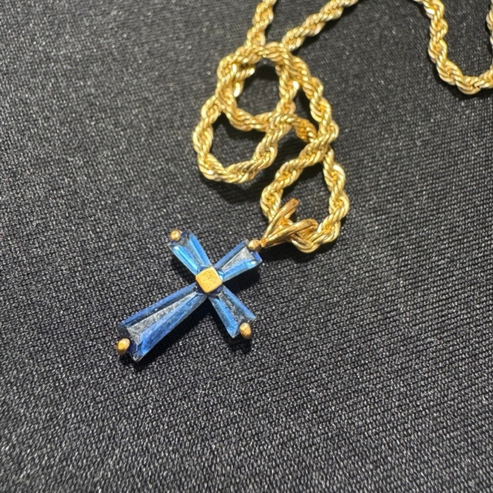 24KGB Gold Bonded Rope Chain Necklace Blue Baguette Stone Cross Pendant 10g